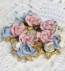 Vintage Porcelain Pastel Pink Blue White Roses Brooch