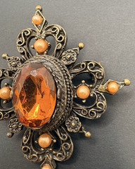 Vintage Filigree Amber Rhinestone Ornate Victorian Style Brooch Antique Gold