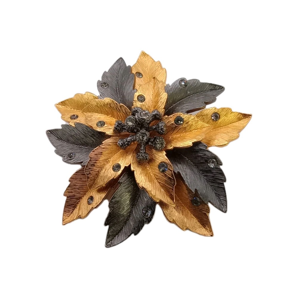 Vintage Joan Rivers Poinsettia Leaf Brooch Textured Gold Silver Tone Pin 2 1/2