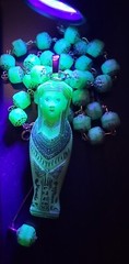 VINTAGE EGYPTIAN MUMMY SARCOPHAGUS PENDANT URANIUM GLASS BEAD NECKLACE SET OOAK