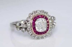 Red Ruby Baguette Cut Moissanite Halo Set Floral Inspire Edwardian Wedding Ring