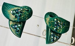 Vintage Carved Mermaid/Fishtails Earrings. Art Deco Rhinestone Accent. Clip On