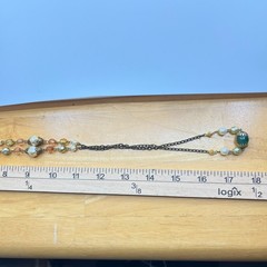 Vintage Earth Tone Beaded Necklace Green Gold Faux Pearl Bronze Tone Chain Retro