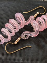 Spiral Pink Art Glass Dangle Earrings Featuring Silver Hooks 3″ Long