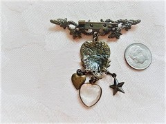 Victorian Inspired Ivy Leaves Bar Pin Brooch With Star Hearts Drops Dangles KJ