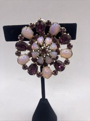 Vintage Signed WIESNER Faux Pink Fire Opal Purple Rhinestone Brooch Pendant