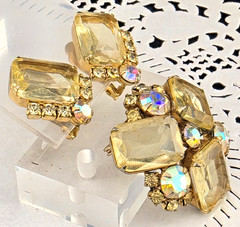 Vintage Light Yellow Open Back Rhinestone Flower Brooch Pin Clip Earrings Set