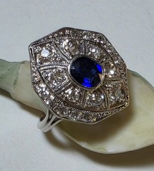 Antique Platinum Old European And Mine Cut Diamonds Blue Synthetic Sapphire Ring