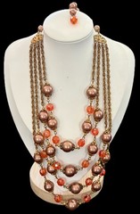Vintage Art Deco Revival 3-Strand Rose Gold/Orange Glass Pearl Necklace~1950s