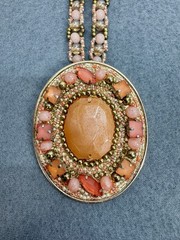 Vintage Chicos Statement Necklace Large Pink Peach Rhinestone Pendant Beaded