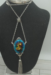 Celebrity Vintage Foil Enamel Pendant Necklace Tassel Silver Tone 32″