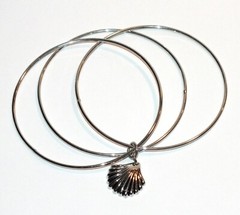 Silver Tone Bangle Bracelet 3 Bracelets Shell Charm Nautical Themed Jewelry J503