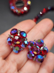 Vintage Red Aurora Borealis Crystal Glass Bead Brooch , Earrings and Bracelet