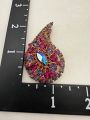 Vintage Paisley Brooch Rhinestone Fuchsia Pink Purple Gold AB MCM Retro Cocktail