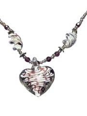 Vtg Artisan Art Glass Heart Pendant Necklace Seed Beads Purple White Silvertone