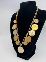 Vintage Coin Necklace Israel Bahamas Mixed Coins Charms 18” Gold Tone Chain HJ