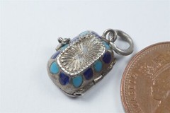 ANTIQUE SILVER ENAMEL MOSES BASKET OPENING CHARM PYRAMIDS DESERT Etc. c1920
