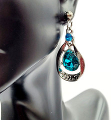 Blue Glass Water Droplet Drop Dangle Silver Tone Sparkly Fancy Pierced Earrings