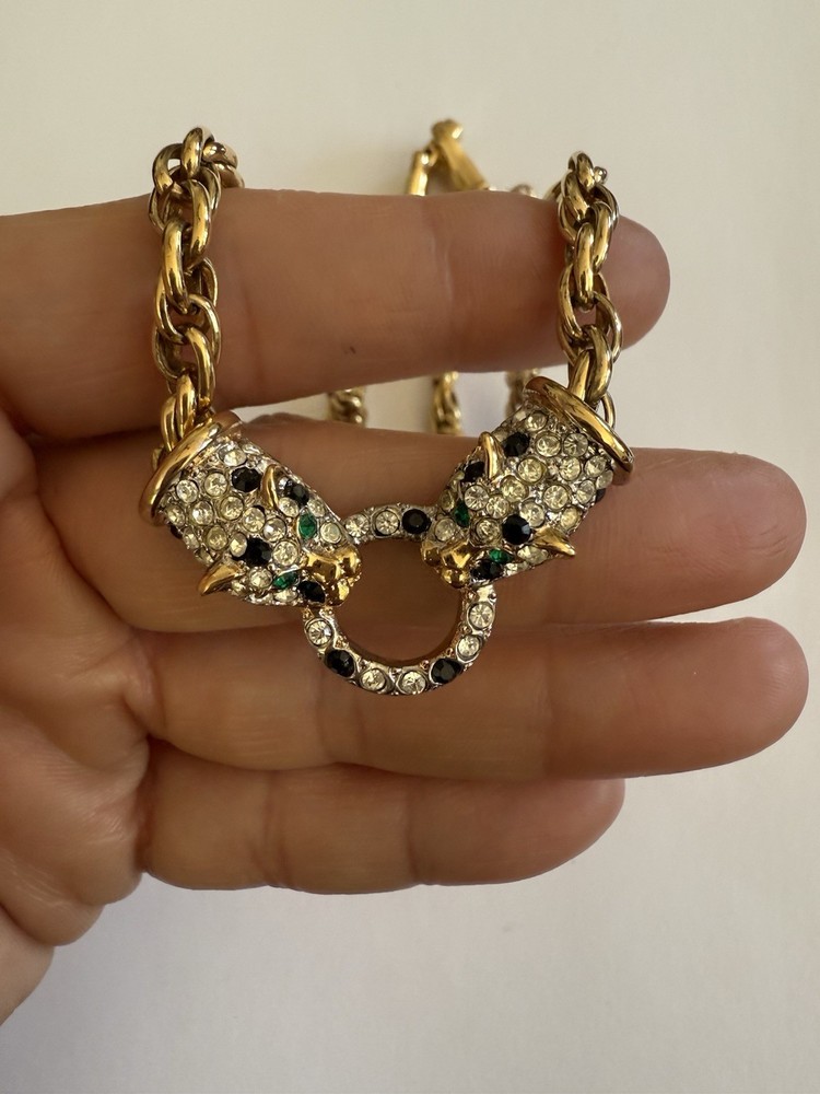 Vintage JACKIE COLLINS Rhinestone Cat Panther Leopard Gold Plated Necklace
