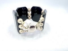 Vintage Chunky Black Stone Gemstone Silver Bead Wide Bracelet RO-DO NOS Saks