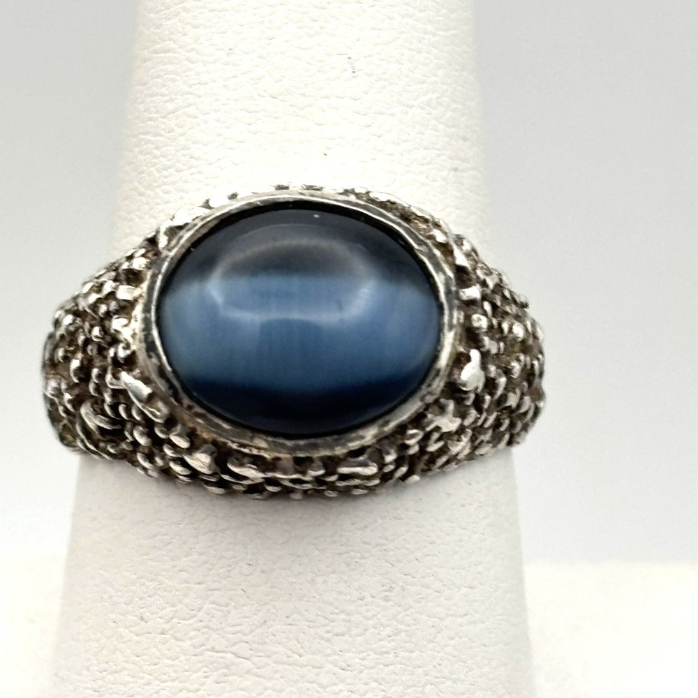 Vintage Sterling Brutalist Textured Black Cats Eye Ring 9.5
