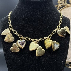 32g Vintage Estate 12k Gold Filled Charm NECKLACE + All GF Hearts Lockets Photos