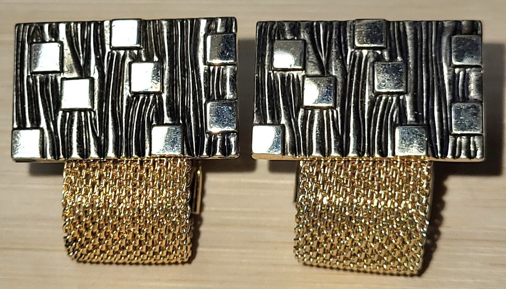 ANSON Goldtone Mesh Checkerboard Cufflinks Bullet Back Signed Good Condition