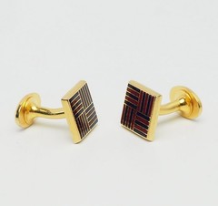 Gold tone metal red black enamel striped square shape cufflinks Faconnable