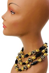 VTG DEAUVILLE LUCITE BLACK GOLD TRIPLE STRAND BEADS METAL SIGNED NECKLACE 12-14”