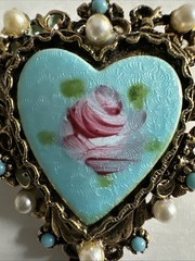 Vintage ART Arthur Pepper Enamel Heart Rhinestone & Pearl Brooch Gold Tone