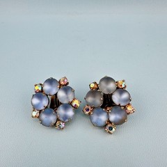Vintage Clip On Earrings Baby Blue AB Rhinestone Frosted Glass Cabochon Stones