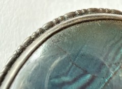 Sterling Silver Brooch Pin with Antique English Blue Butterfly Wing Design.