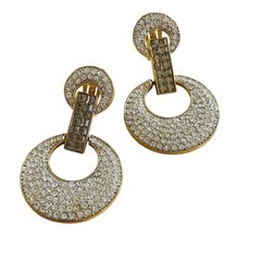 Runway Earrings VTG Dangle Clip Hoops Crystal Rhinestone Jeweled Statement 2.5″