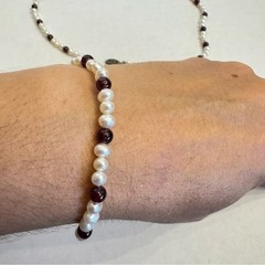 Vintage Rice Pearls & Almandine Garnet Gemstones Beaded Necklace & Bracelet Set