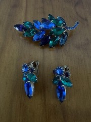 Vtg D&E Delizza Elster Juliana Brooch Earrings Peacock Blue Green Rhinestone