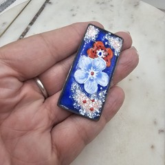 Vintage Enamel On Copper Floral Brooch Royal Blue Red White Studio Bar Pin Art