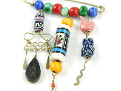 Vintage Mexico? Tonala Style Clay Pottery Beaded Dangle Pin Animals 3.25″ Long