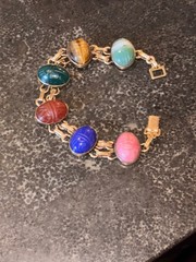 Vintage WRE 14K Gold Filled Gemstone Scarab Bracelet 6 Stone Egyptian Revival