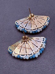 Vintage Aqua Blue Beaded Rhinestone Fan Earrings