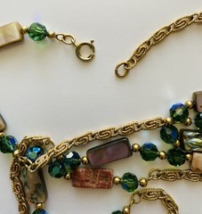Vintage 80s NAPIER Necklace Abalone Mother Of Pearl & Green Crystals Boho Fairy