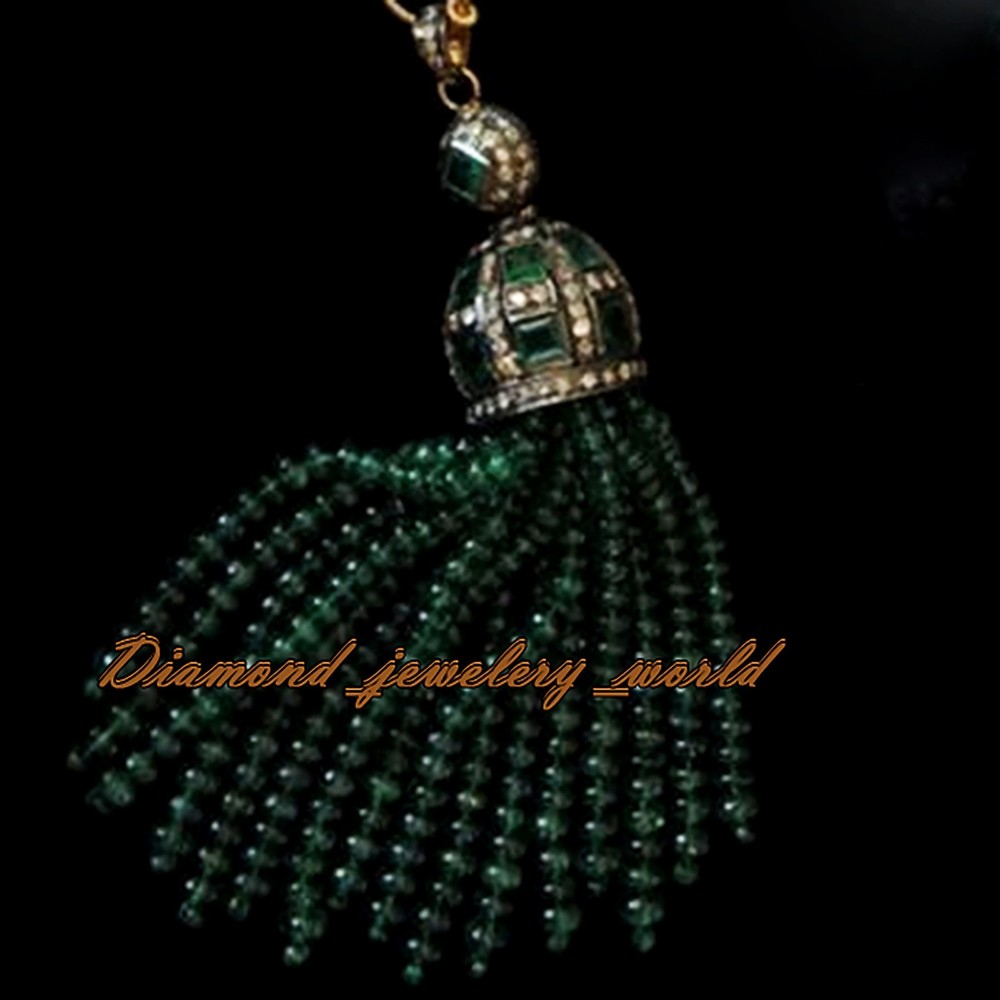 Vintage 1.91ctw Rose Cut Diamond Emerald Silver Gorgeous Tassel Pendant Jewelry