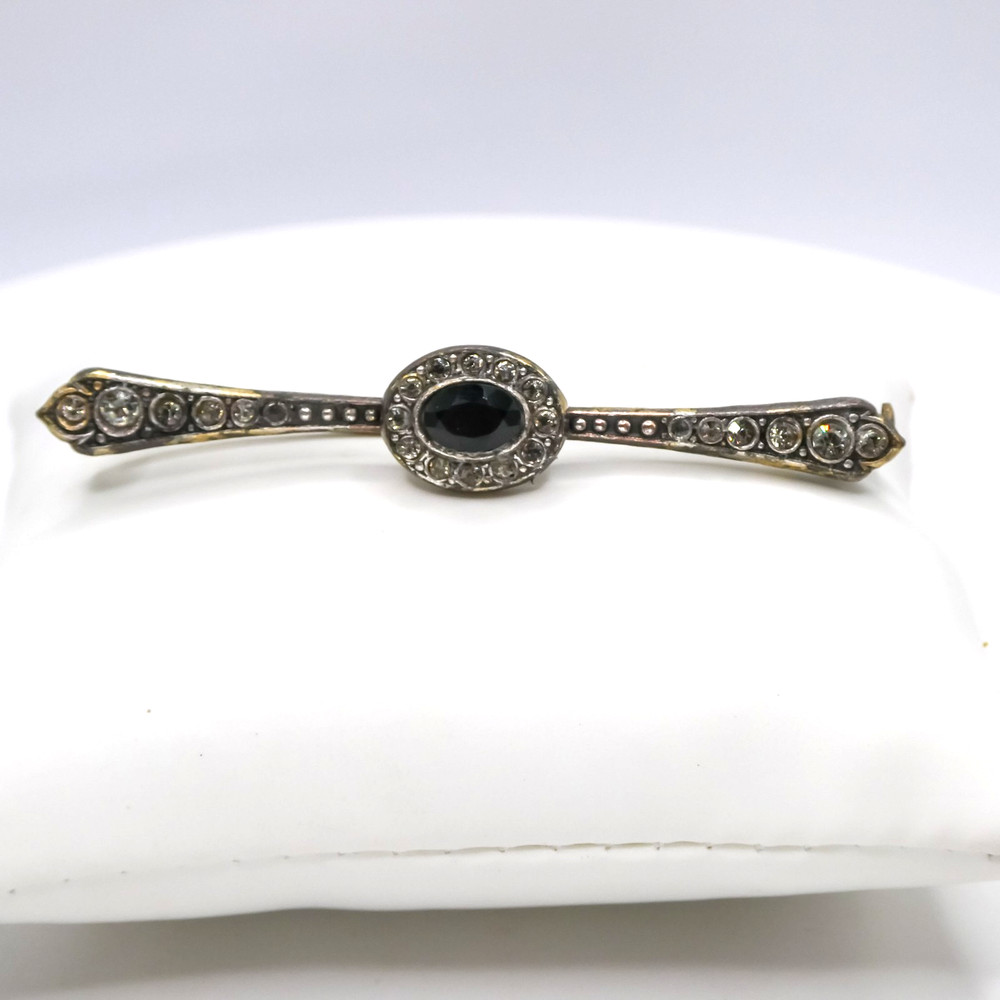 Vintage French Silver Toned Bar Brooch Pin Black Rhinestone Trombone Clasp