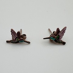 Vintage Enamel Hummingbird Stud Earrings Multi Color Silver Tone Bird Jewelry
