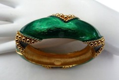AUTHENTIC VINTAGE LANVIN PARIS GREEN BLACK ENAMEL WIDE HINGED BANGLE BRACELET