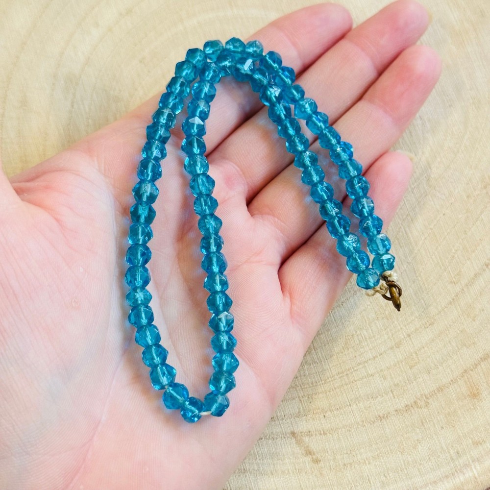 Vtg teal blue Glass Necklace Hand Cut Carved Beads Art Deco Czech Flapper 14″