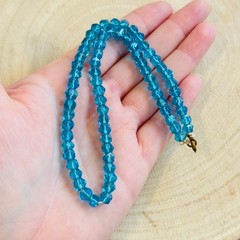 Vtg teal blue Glass Necklace Hand Cut Carved Beads Art Deco Czech Flapper 14″