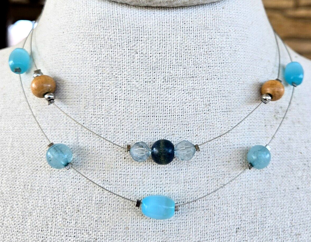 Blue Glass Wood & Acrylic Floating Bead Floating Silver Tone Necklace 17.75″ Adj