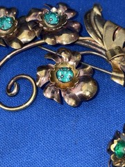 Vintage Gold & Rose Tone Flower Green Rhinestones Brooch & Earrings Set 1/20 12k
