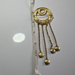 Tona Jewelry Signed Gold Design Swirl Brooch 4 Charms Dangling from 4 Chains