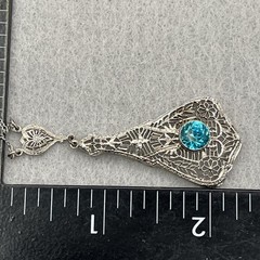 Art Deco Sterling Silver Filigree Necklace Teal Rhinestone Necklace 16″ Antique